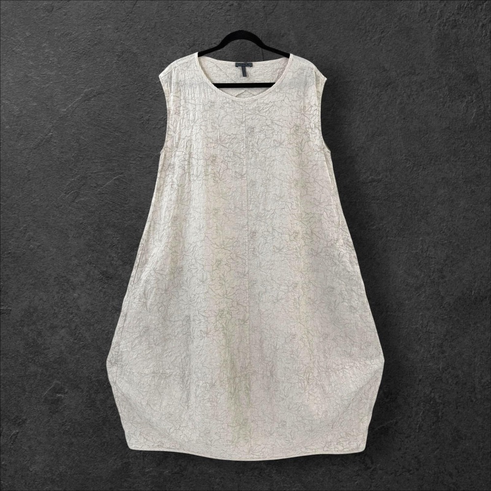 OSKA Linen Dress Womens M Beige Embroidered Lagenlook Swing Maxi